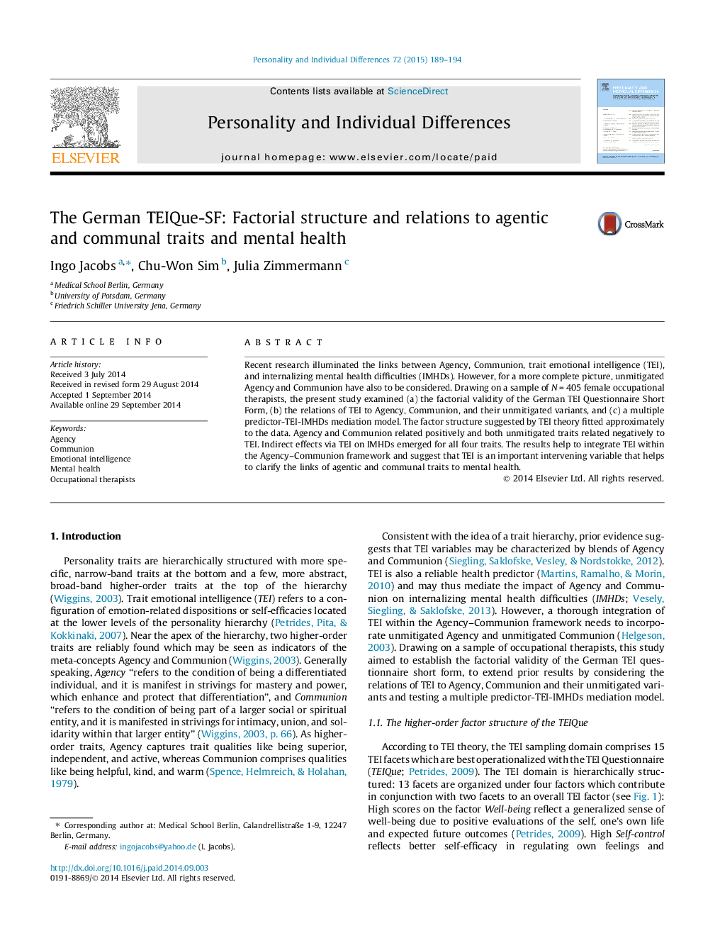 The German TEIQue-SF: Factorial structure and relations to agentic and communal traits and mental health