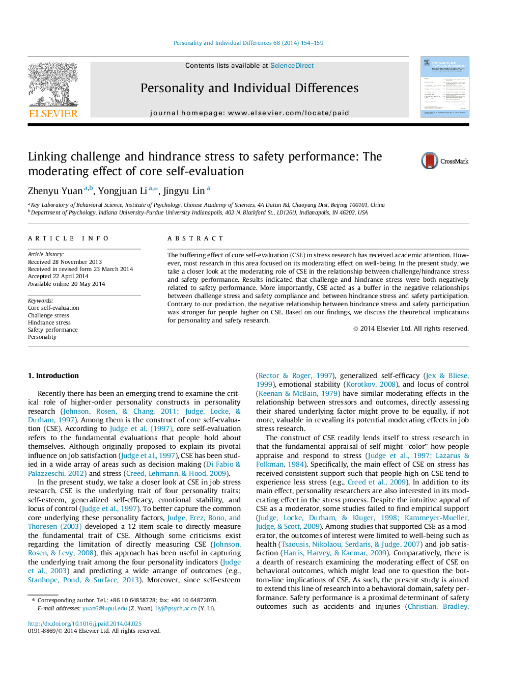 Linking challenge and hindrance stress to safety performance: The moderating effect of core self-evaluation