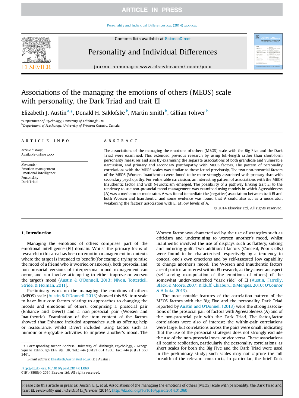 Associations of the managing the emotions of others (MEOS) scale with personality, the Dark Triad and trait EI