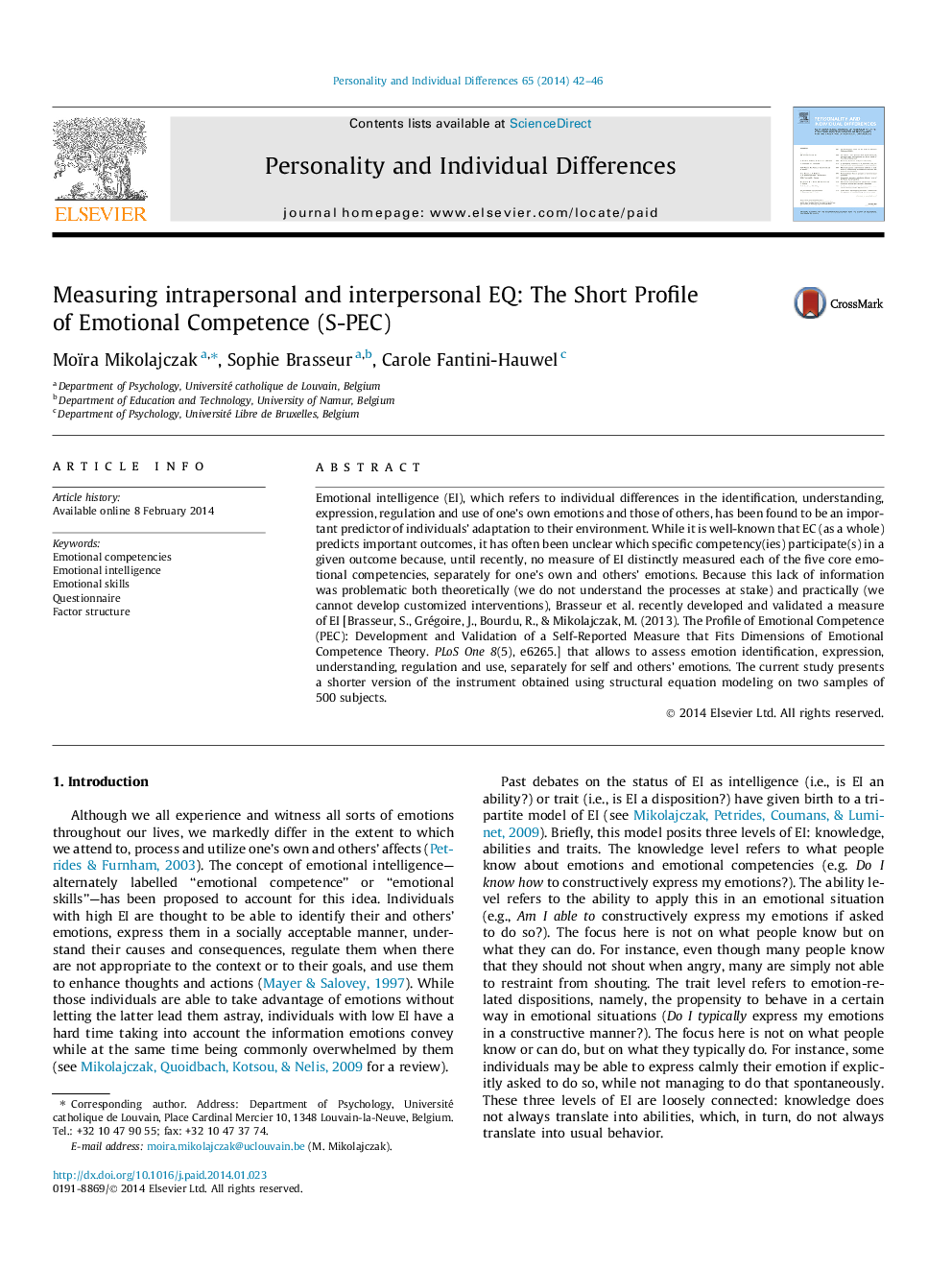 Measuring intrapersonal and interpersonal EQ: The Short Profile of Emotional Competence (S-PEC)