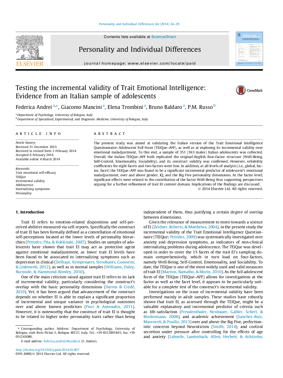 Testing the incremental validity of Trait Emotional Intelligence: Evidence from an Italian sample of adolescents