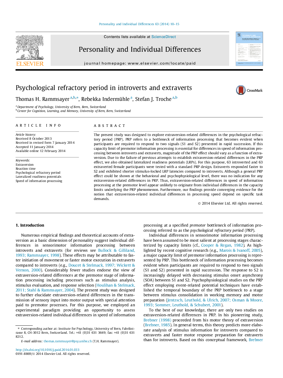 Psychological refractory period in introverts and extraverts