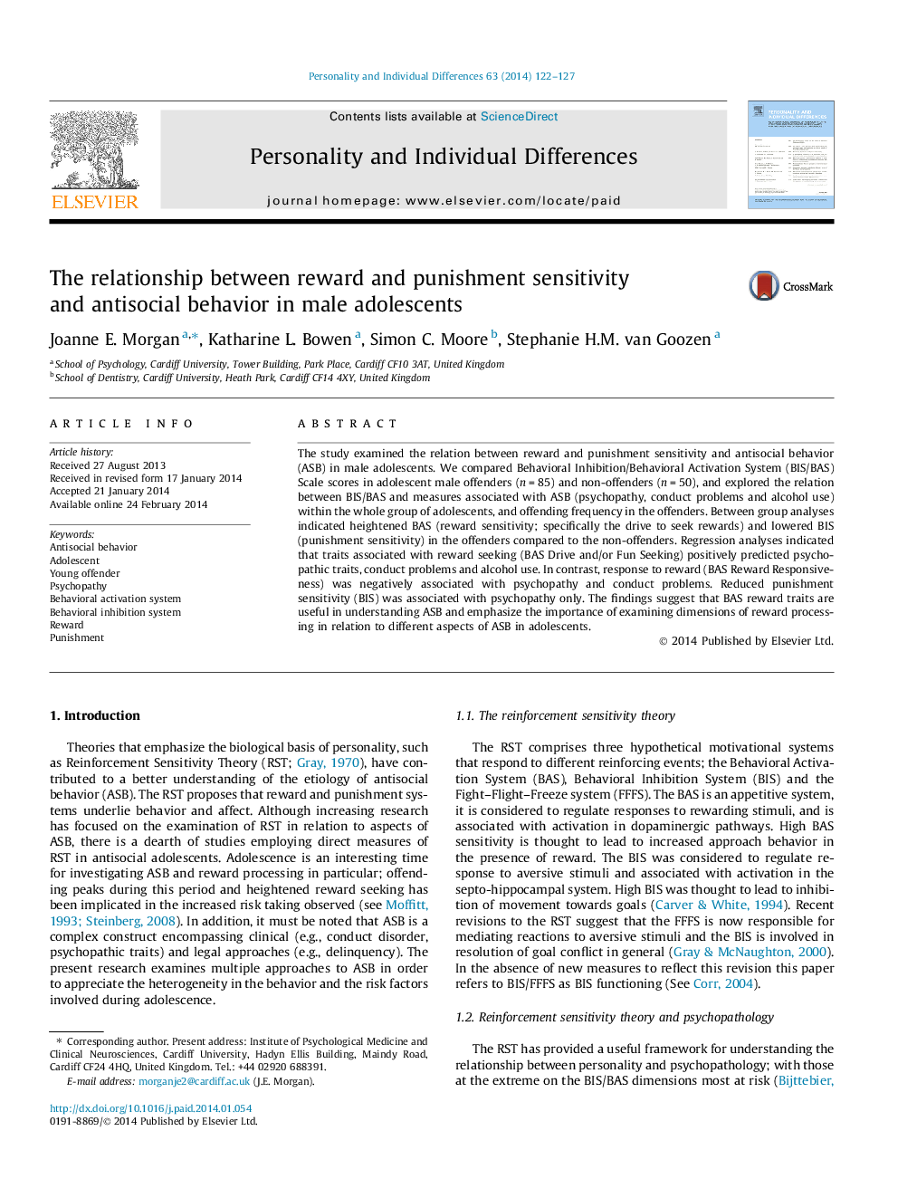 The relationship between reward and punishment sensitivity and antisocial behavior in male adolescents