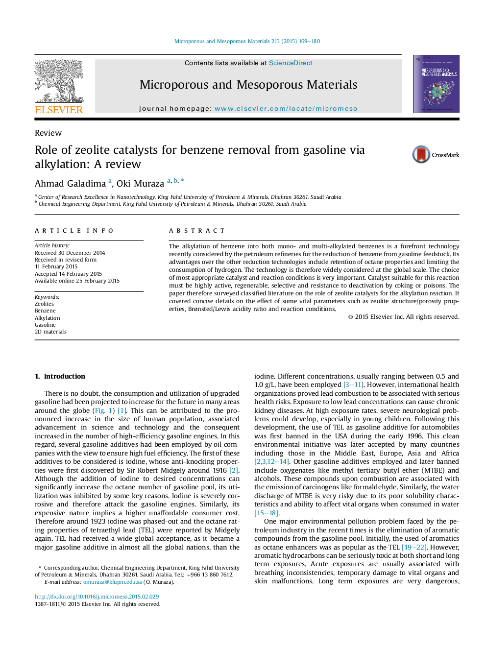 Role of zeolite catalysts for benzene removal from gasoline via alkylation: A review