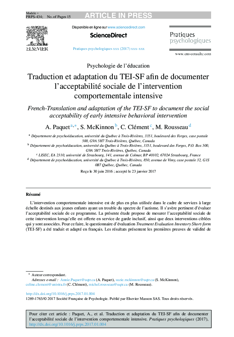 Traduction et adaptation du TEI-SF afin de documenter l'acceptabilité sociale de l'intervention comportementale intensive