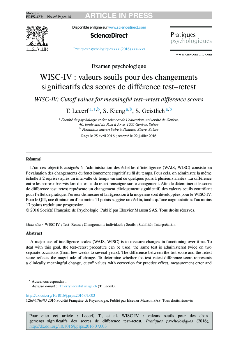 WISC-IVÂ : valeurs seuils pour des changements significatifs des scores de différence test-retest