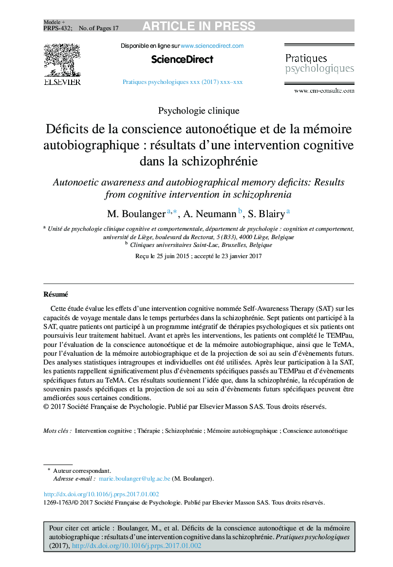 عکس صفحه اول مقاله: Déficits de la conscience autonoétique et de la mémoire autobiographique : résultats d'une intervention cognitive dans la schizophrénie Déficits de la conscience autonoétique et de la mémoire autobiographique : résultats d'une intervention cognitive dans la schizophrénie