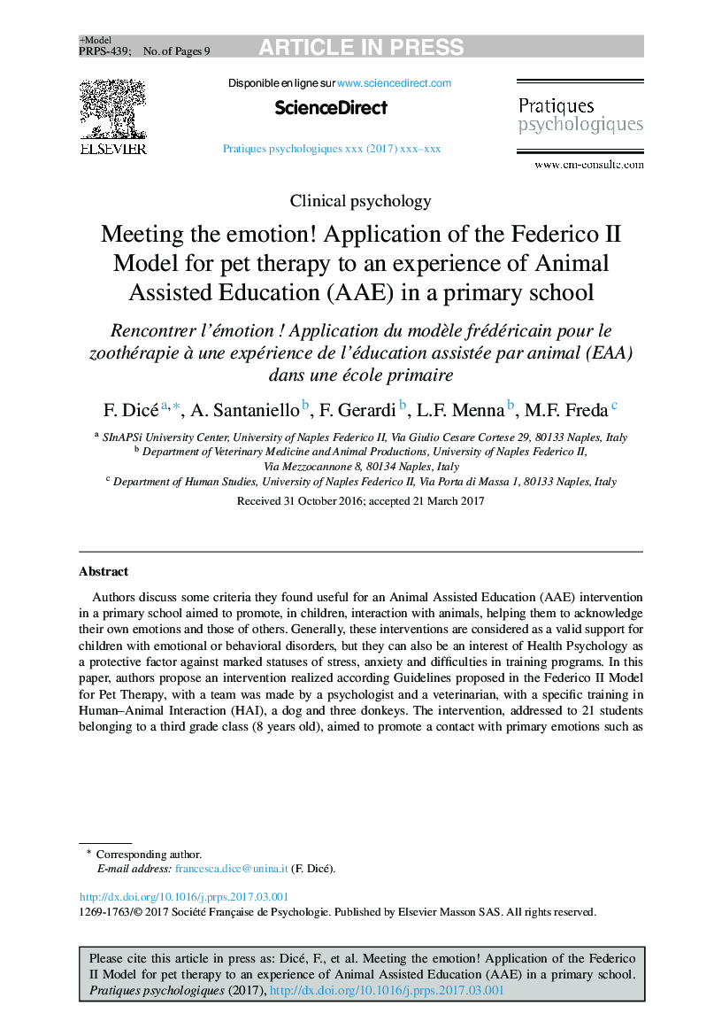 Meeting the emotion! Application of the Federico II Model for pet therapy to an experience of Animal Assisted Education (AAE) in a primary school