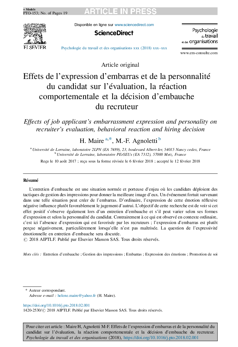 Effets de l'expression d'embarras et de la personnalité du candidat sur l'évaluation, la réaction comportementale et la décision d'embauche du recruteur