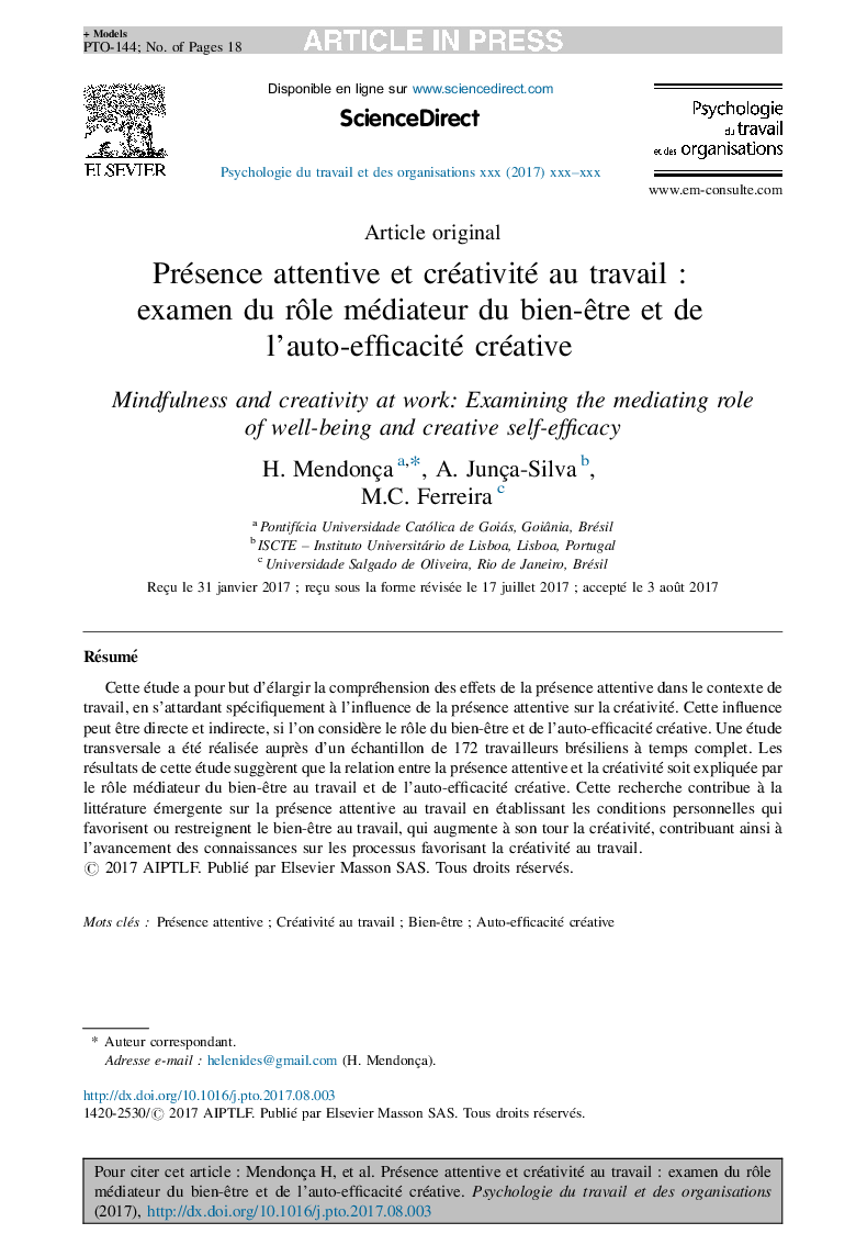 Présence attentive et créativité au travailÂ : examen du rÃ´le médiateur du bien-Ãªtre et de l'auto-efficacité créative