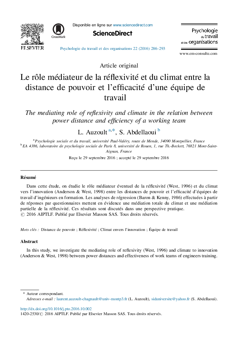 Le rÃ´le médiateur de la réflexivité et du climat entre la distance de pouvoir et l'efficacité d'une équipe de travail