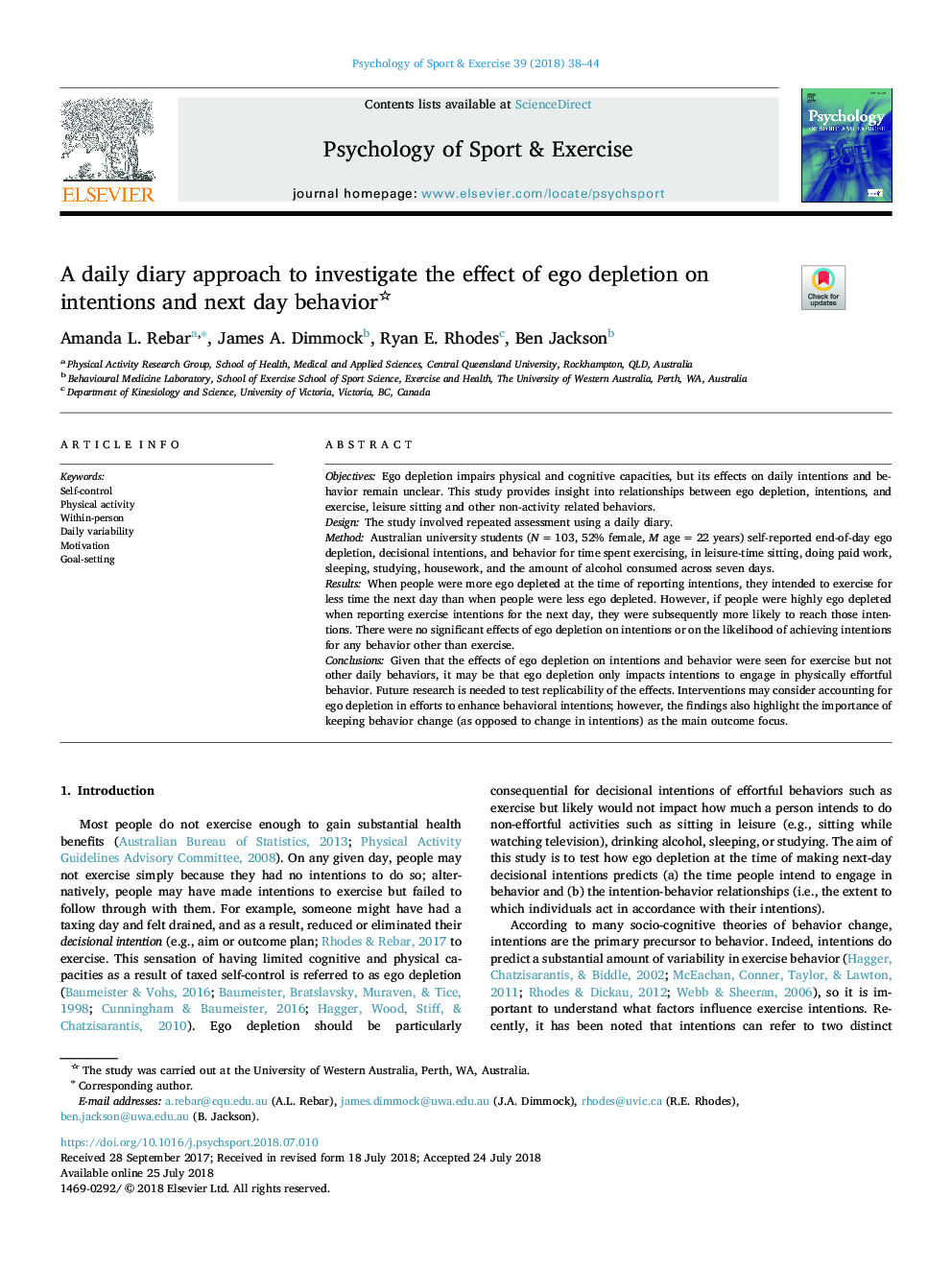 A daily diary approach to investigate the effect of ego depletion on intentions and next day behavior