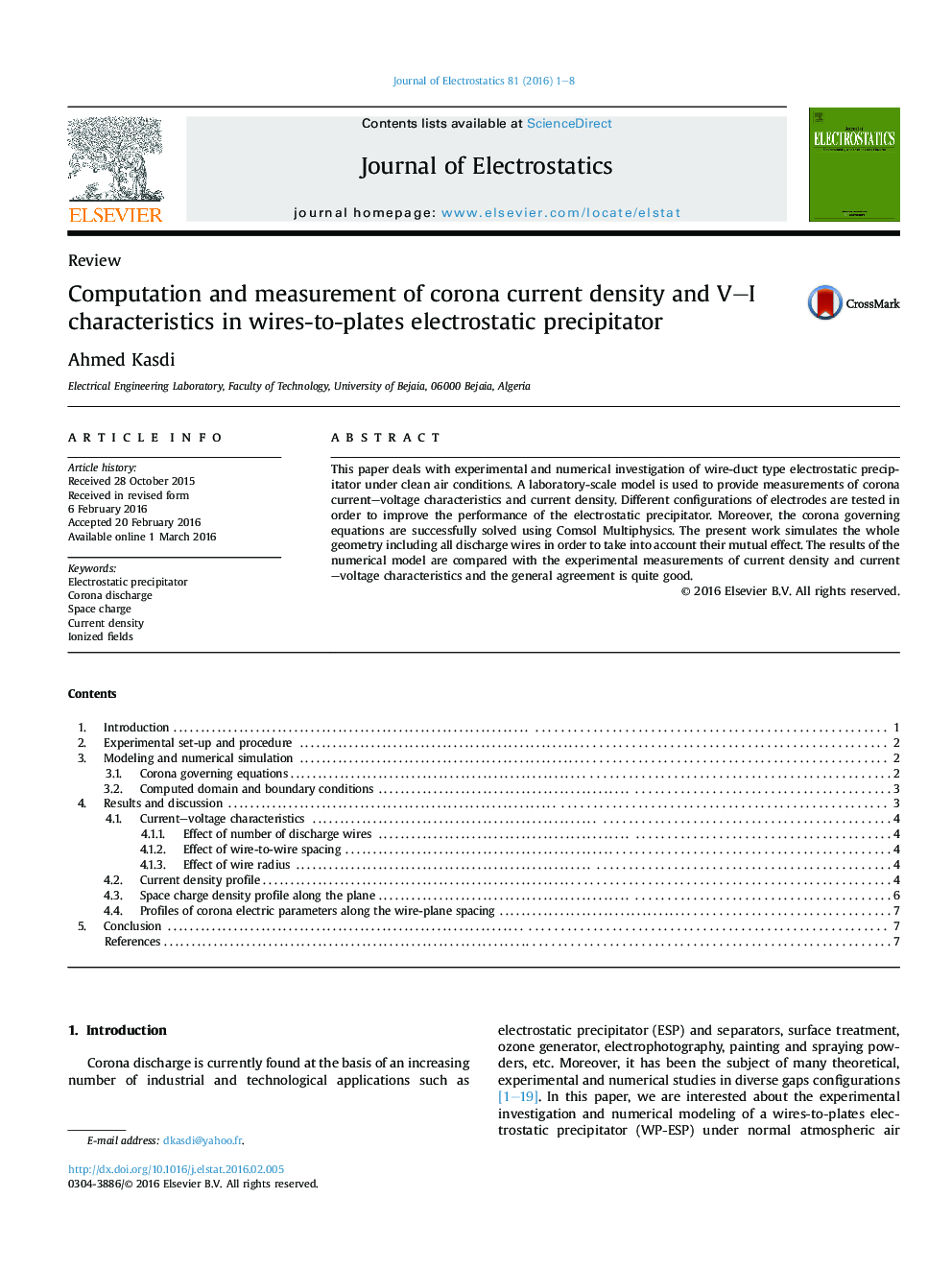 Computation and measurement of corona current density and V–I characteristics in wires-to-plates electrostatic precipitator