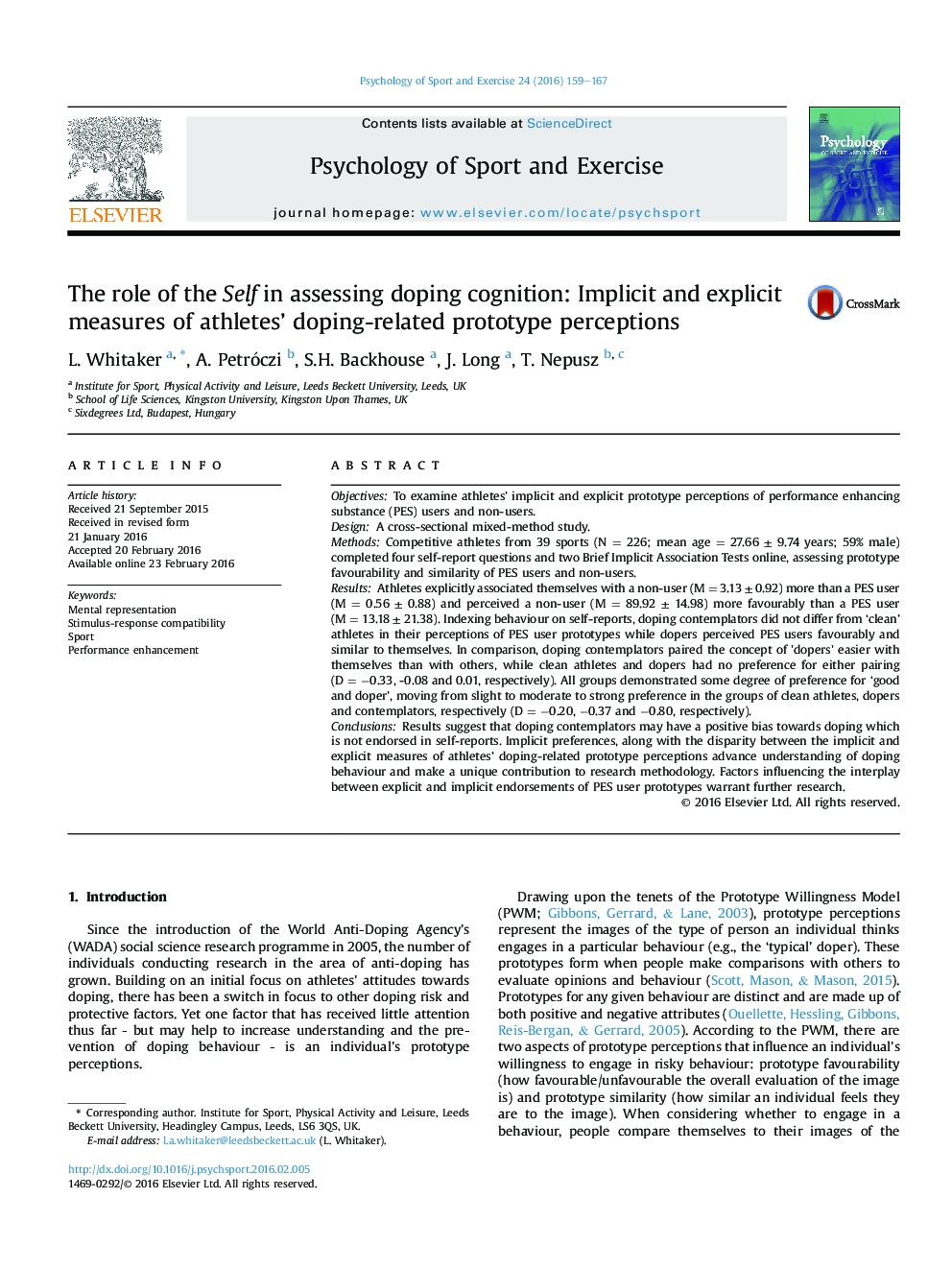 نقش خود در ارزیابی شناخت دوپینگ: اندازه گیری های منفی و صریح ادراکات نمونه اولیه مربوط به دوپینگ ورزشکاران 
