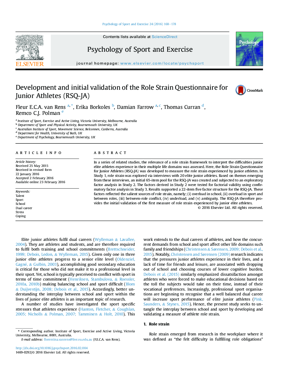 Development and initial validation of the Role Strain Questionnaire for Junior Athletes (RSQ-JA)