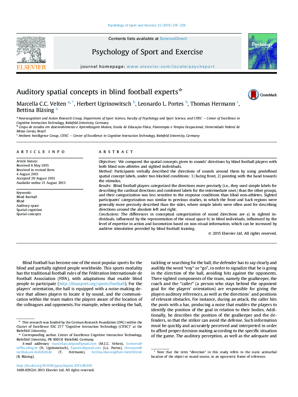 Auditory spatial concepts in blind football experts