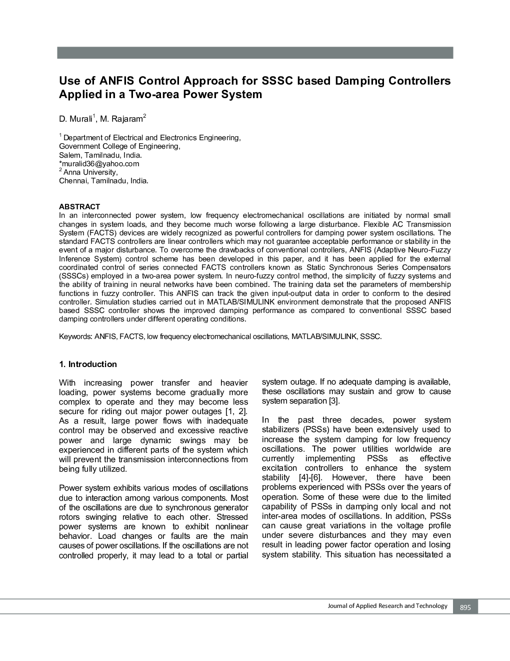 Use of ANFIS Control Approach for SSSC based Damping Controllers Applied in a Two-area Power System