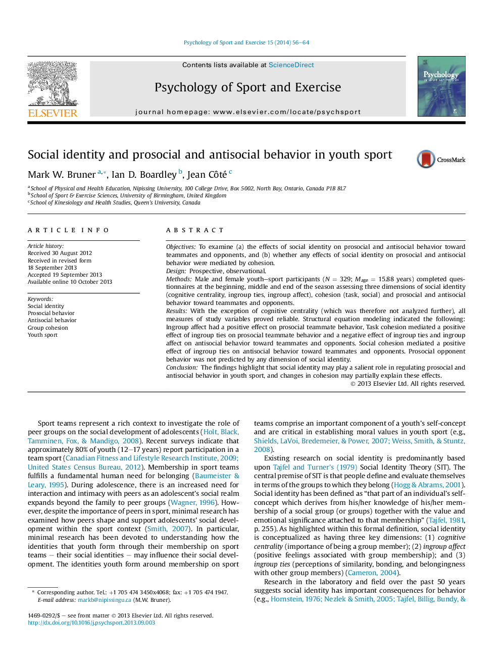 Social identity and prosocial and antisocial behavior in youth sport