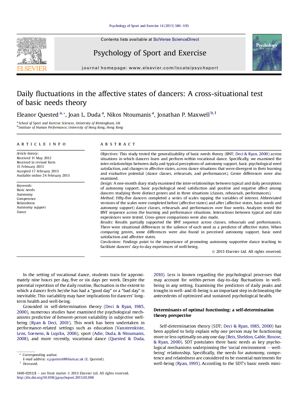 Daily fluctuations in the affective states of dancers: A cross-situational test ofÂ basic needs theory