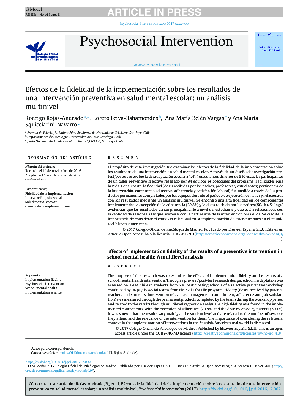 Efectos de la fidelidad de la implementación sobre los resultados de una intervención preventiva en salud mental escolar: un análisis multinivel