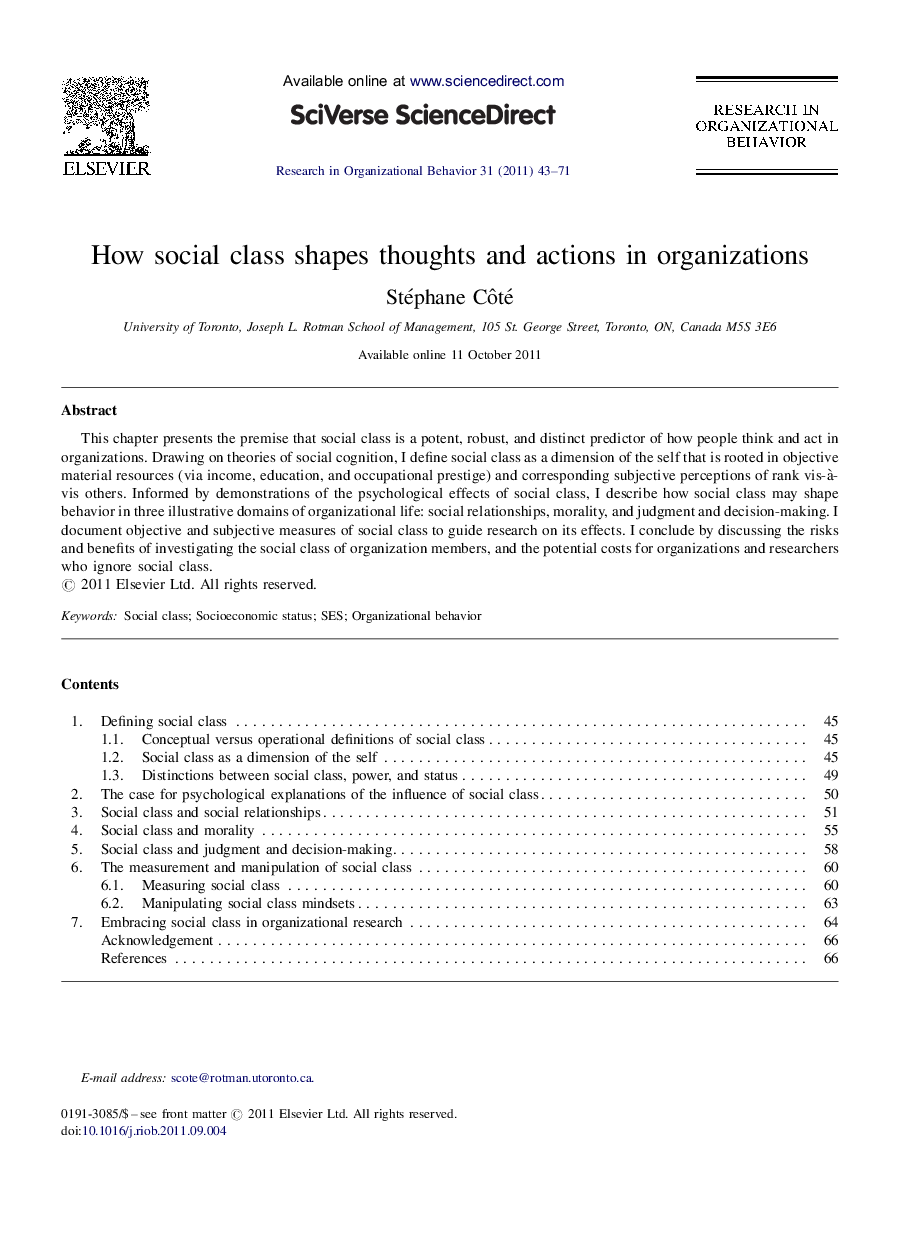 How social class shapes thoughts and actions in organizations