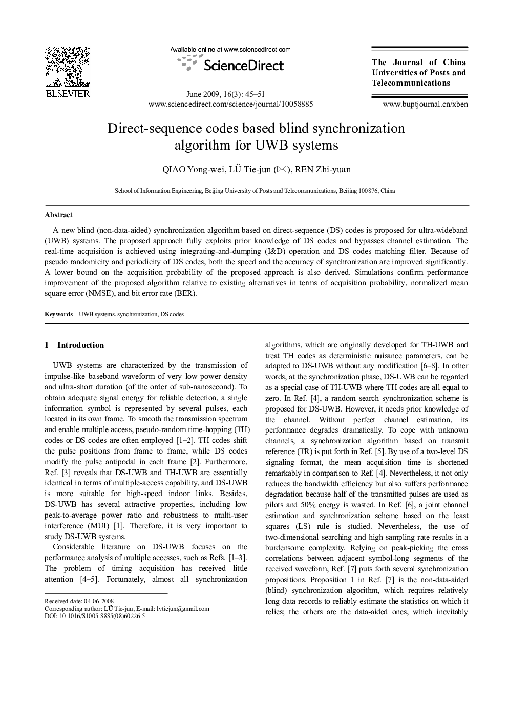 Direct-sequence codes based blind synchronization algorithm for UWB systems