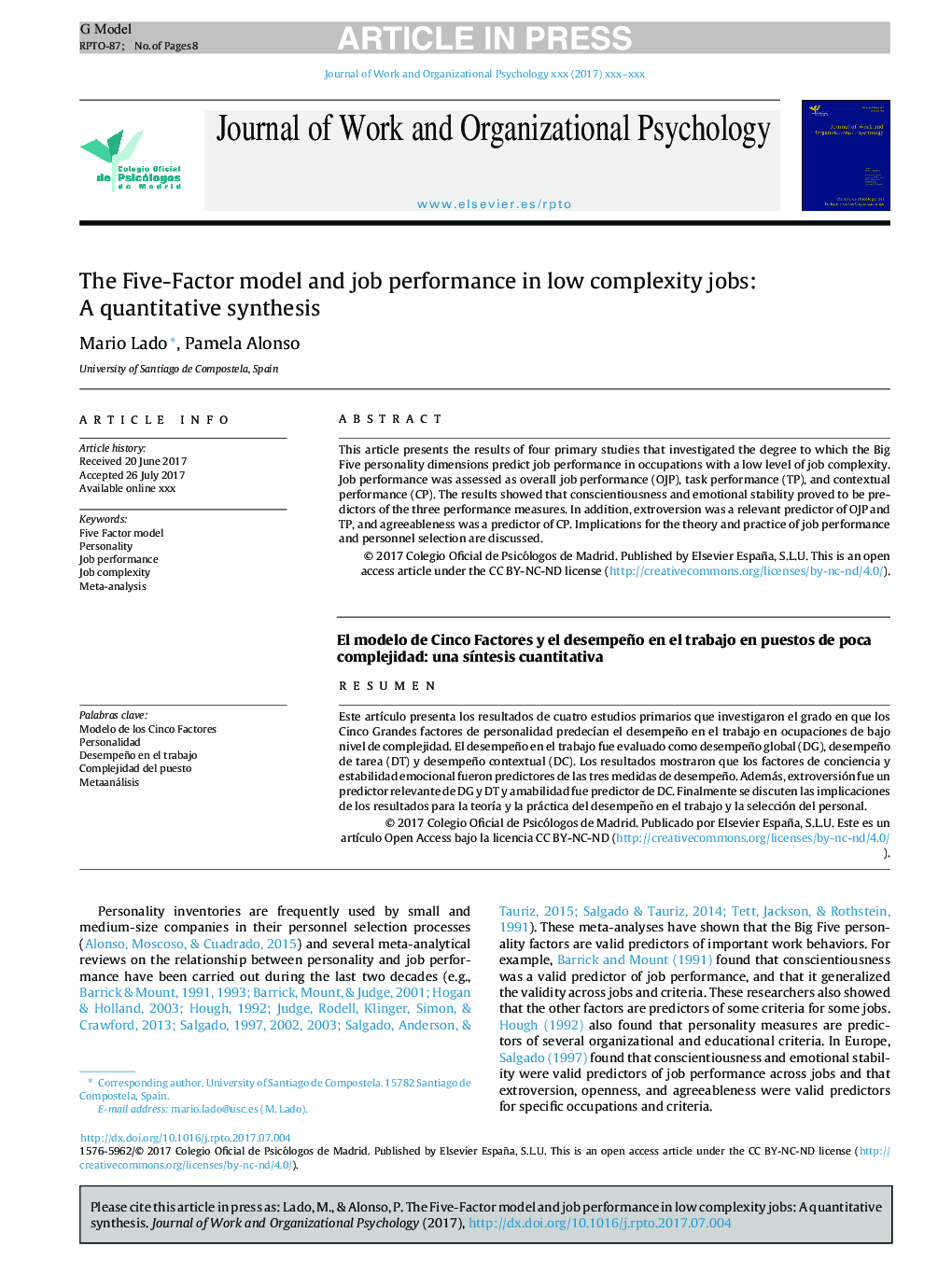 The Five-Factor model and job performance in low complexity jobs: A quantitative synthesis