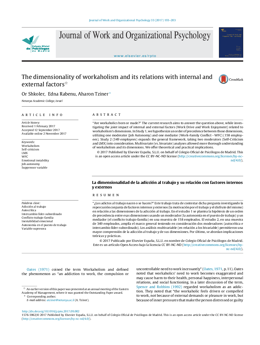 The dimensionality of workaholism and its relations with internal and external factors