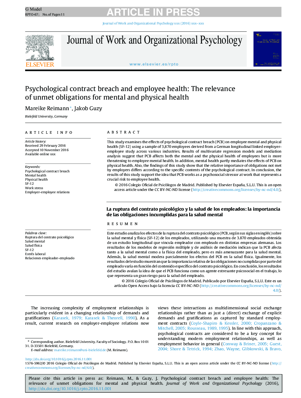 Psychological contract breach and employee health: The relevance of unmet obligations for mental and physical health