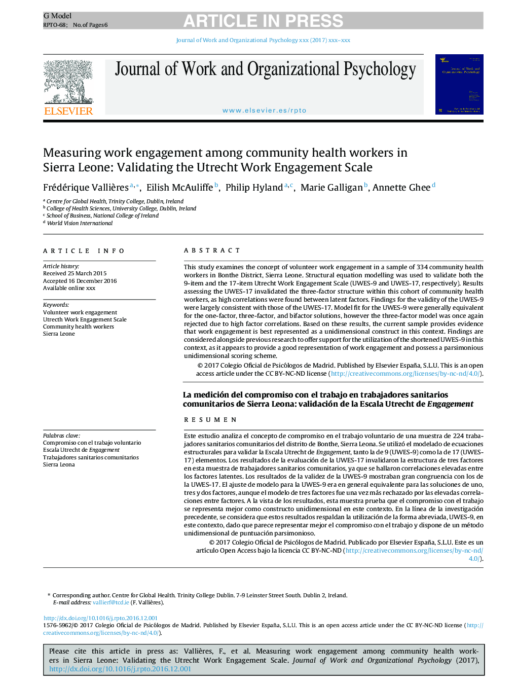 Measuring work engagement among community health workers in Sierra Leone: Validating the Utrecht Work Engagement Scale