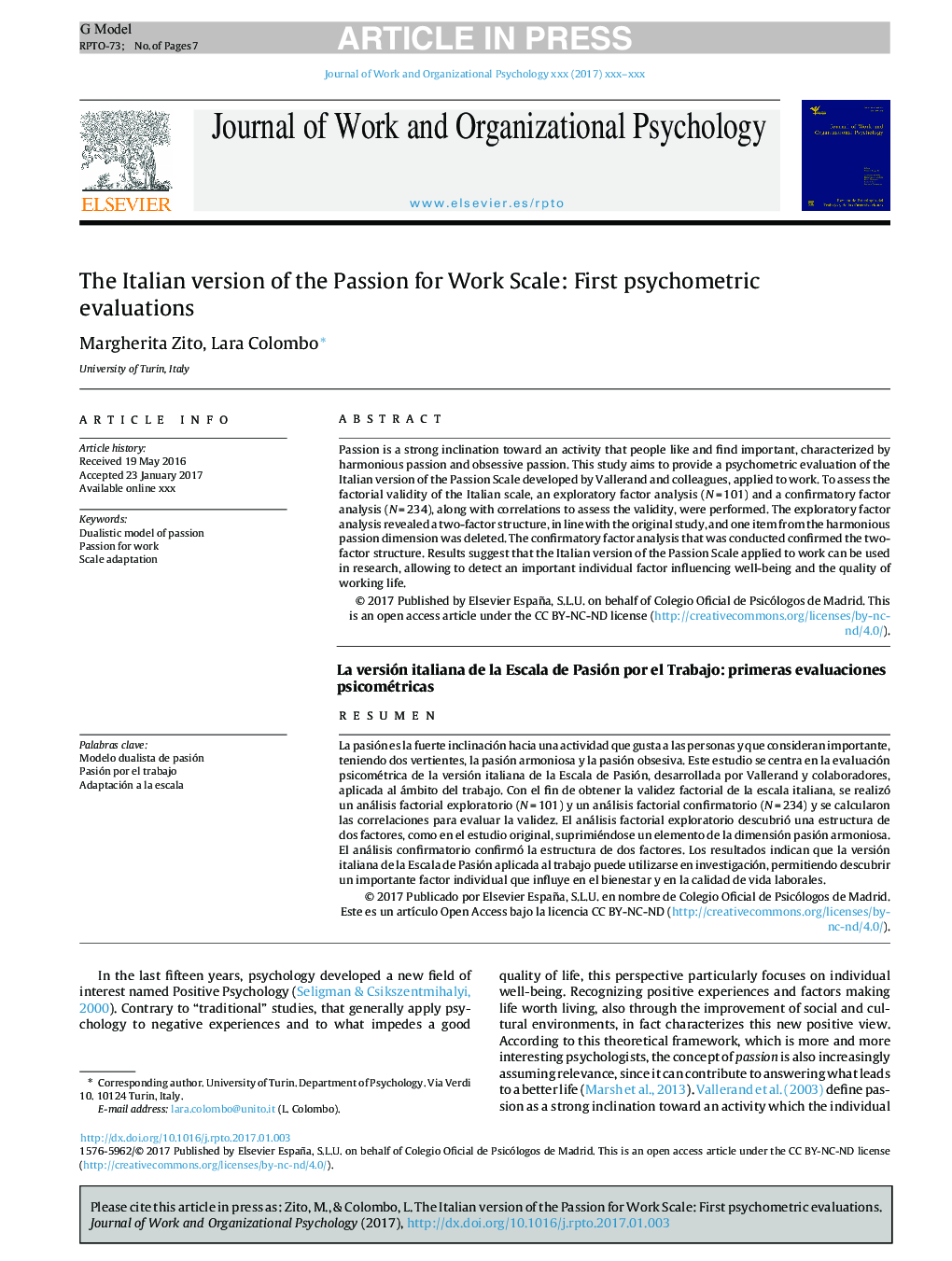 The Italian version of the Passion for Work Scale: First psychometric evaluations