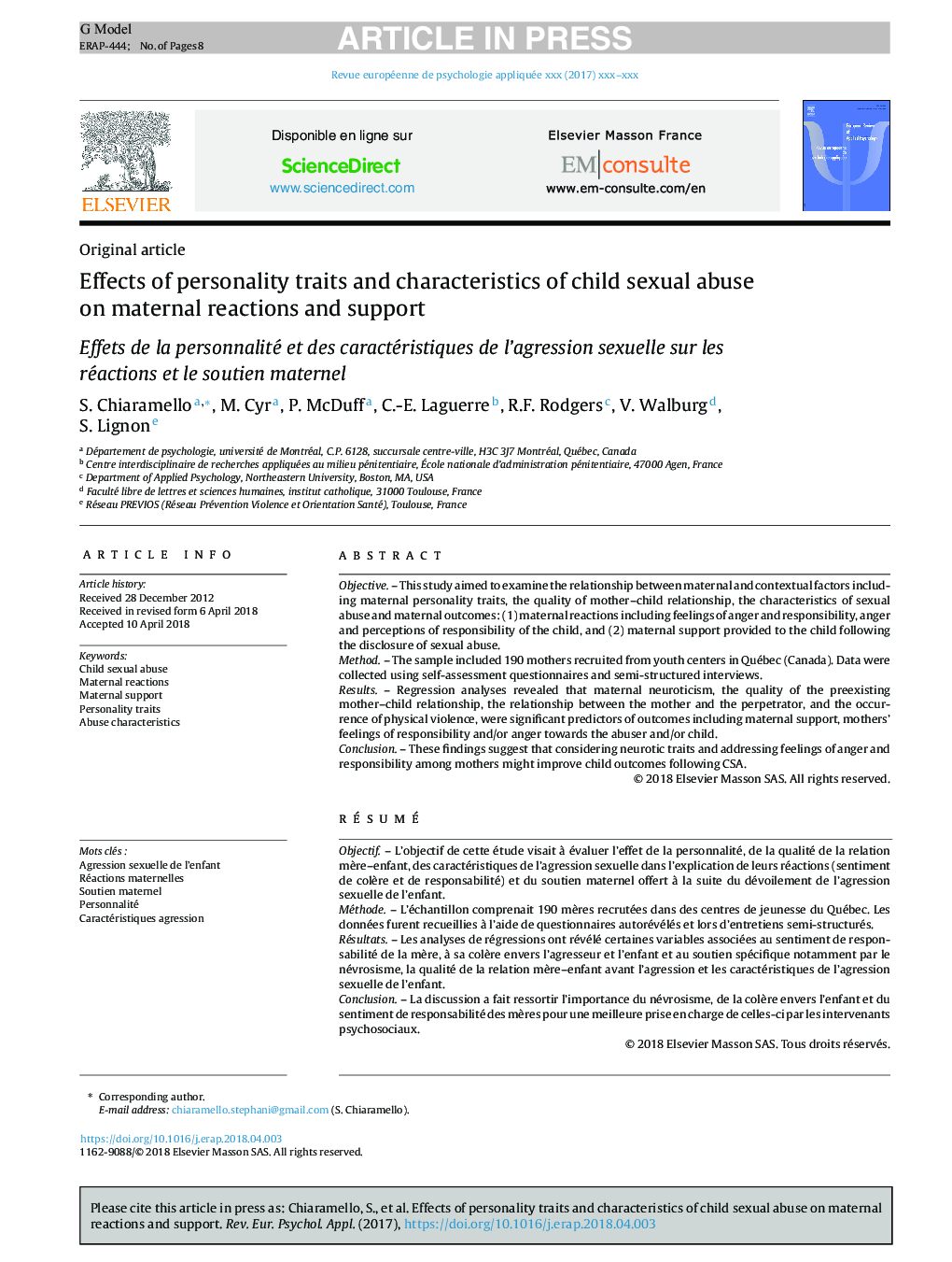 Effects of personality traits and characteristics of child sexual abuse on maternal reactions and support