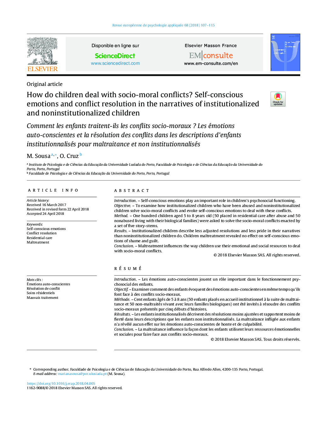 How do children deal with socio-moral conflicts? Self-conscious emotions and conflict resolution in the narratives of institutionalized and noninstitutionalized children