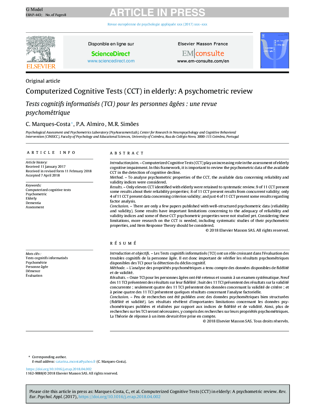 Computerized Cognitive Tests (CCT) in elderly: A psychometric review