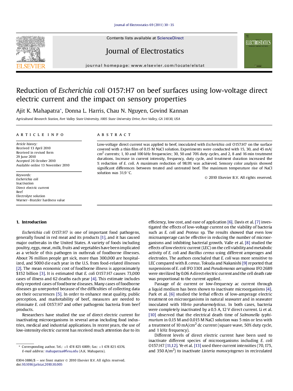 Reduction of Escherichia coli O157:H7 on beef surfaces using low-voltage direct electric current and the impact on sensory properties