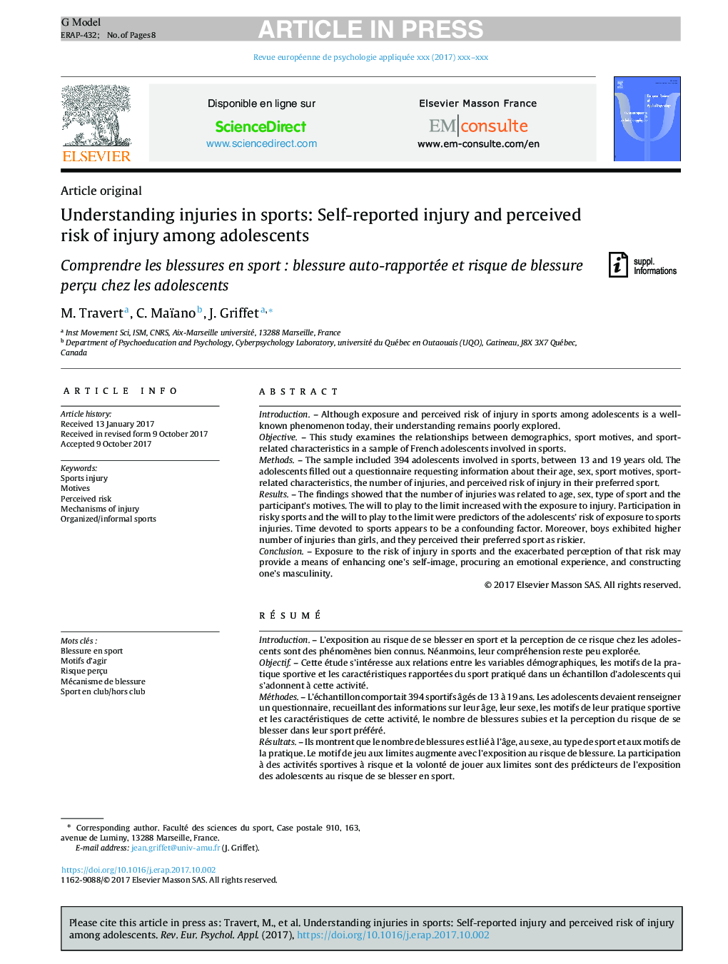 Understanding injuries in sports: Self-reported injury and perceived risk of injury among adolescents