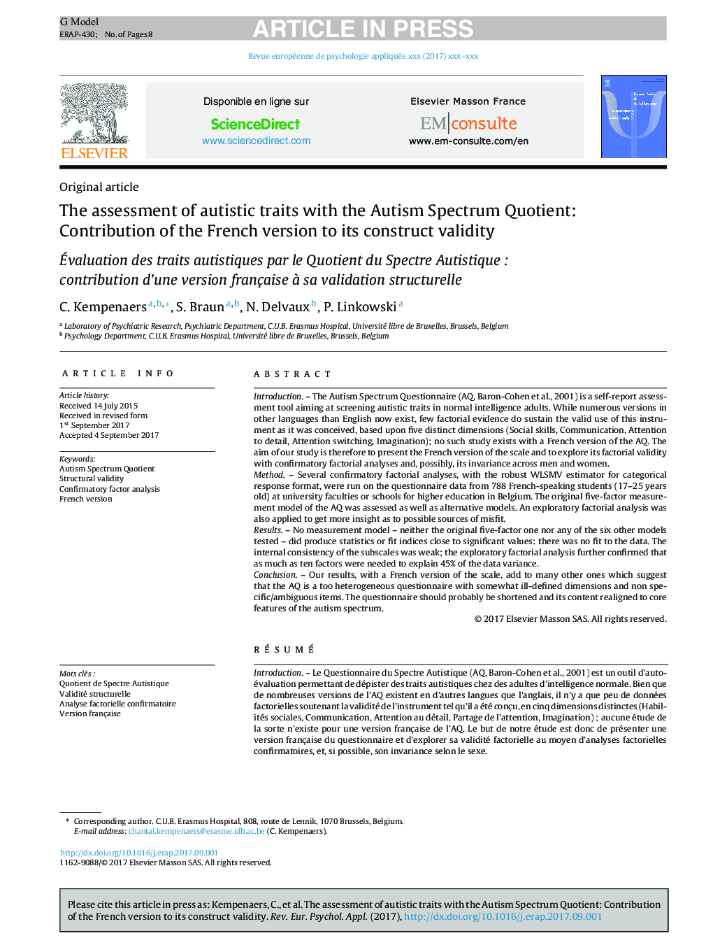 The assessment of autistic traits with the Autism Spectrum Quotient: Contribution of the French version to its construct validity