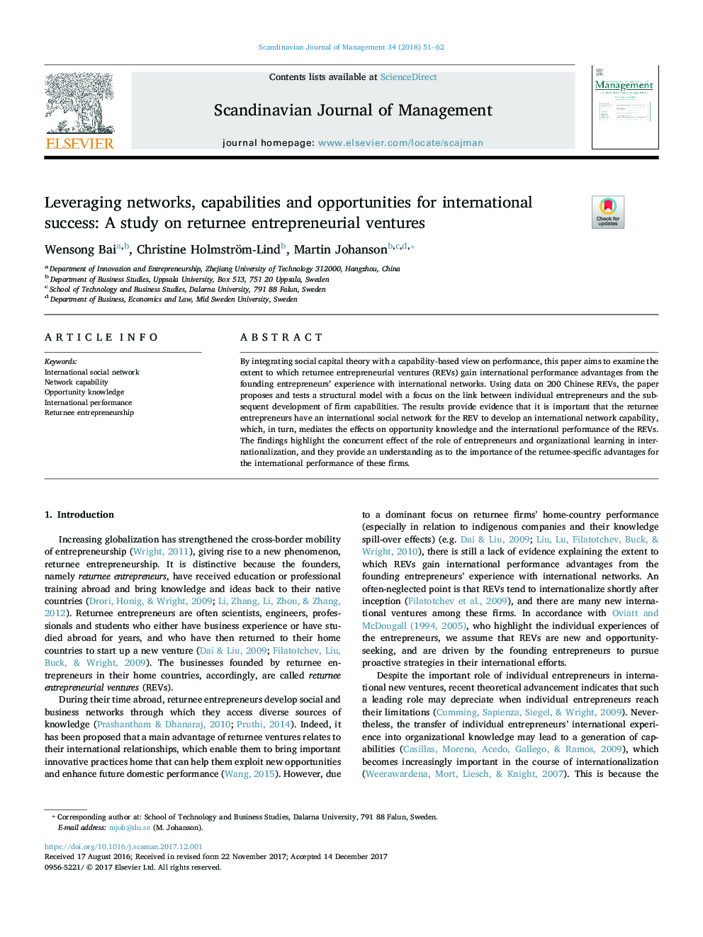 Leveraging networks, capabilities and opportunities for international success: A study on returnee entrepreneurial ventures