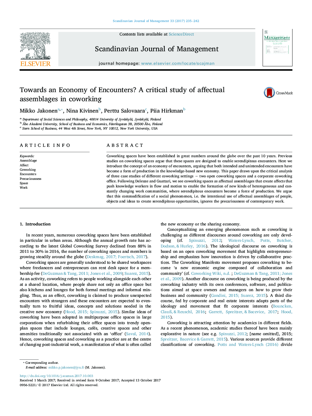 Towards an Economy of Encounters? A critical study of affectual assemblages in coworking