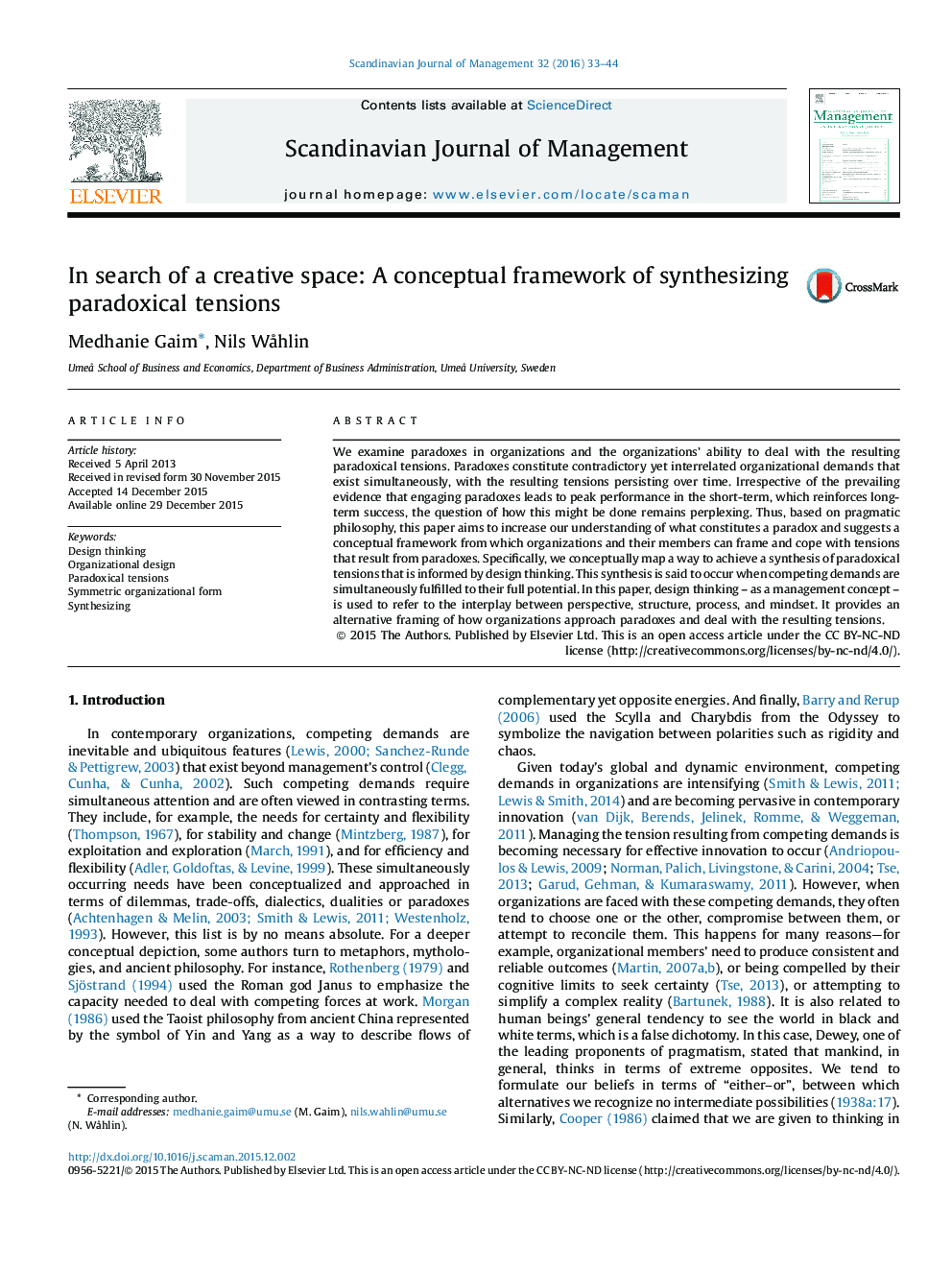 In search of a creative space: A conceptual framework of synthesizing paradoxical tensions