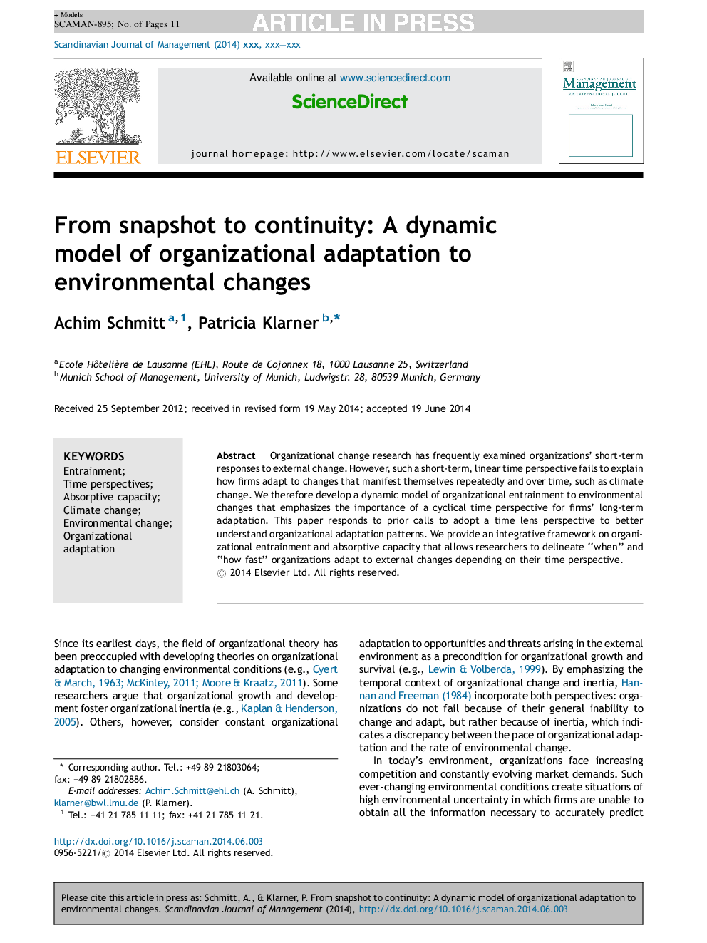 From snapshot to continuity: A dynamic model of organizational adaptation to environmental changes