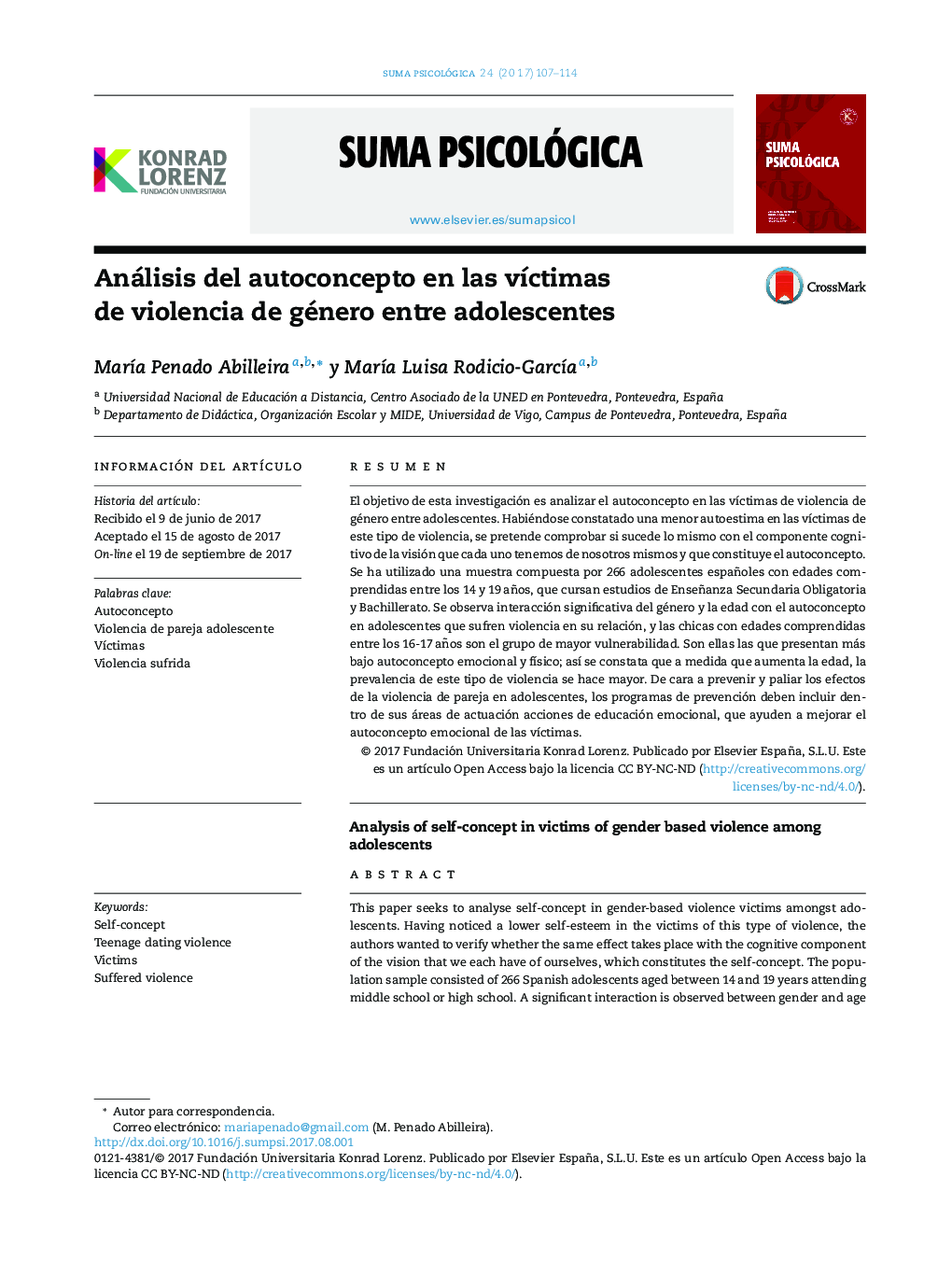 Análisis del autoconcepto en las vÃ­ctimas de violencia de género entre adolescentes