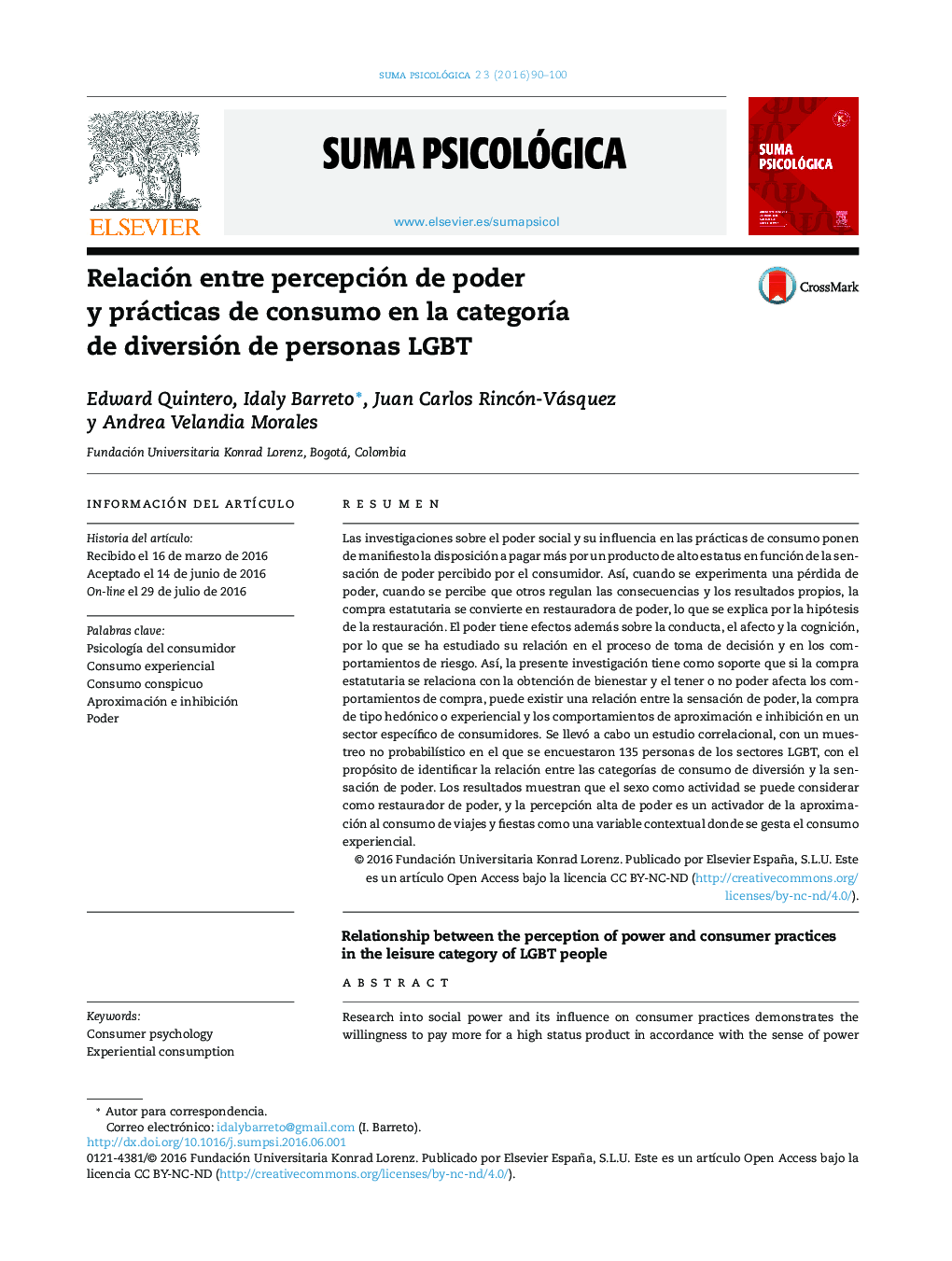 Relación entre percepción de poder y prácticas de consumo en la categorÃ­a de diversión de personas LGBT