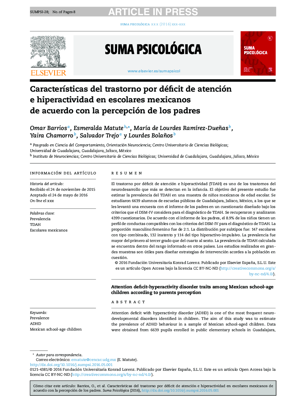 CaracterÃ­sticas del trastorno por déficit de atención e hiperactividad en escolares mexicanos de acuerdo con la percepción de los padres