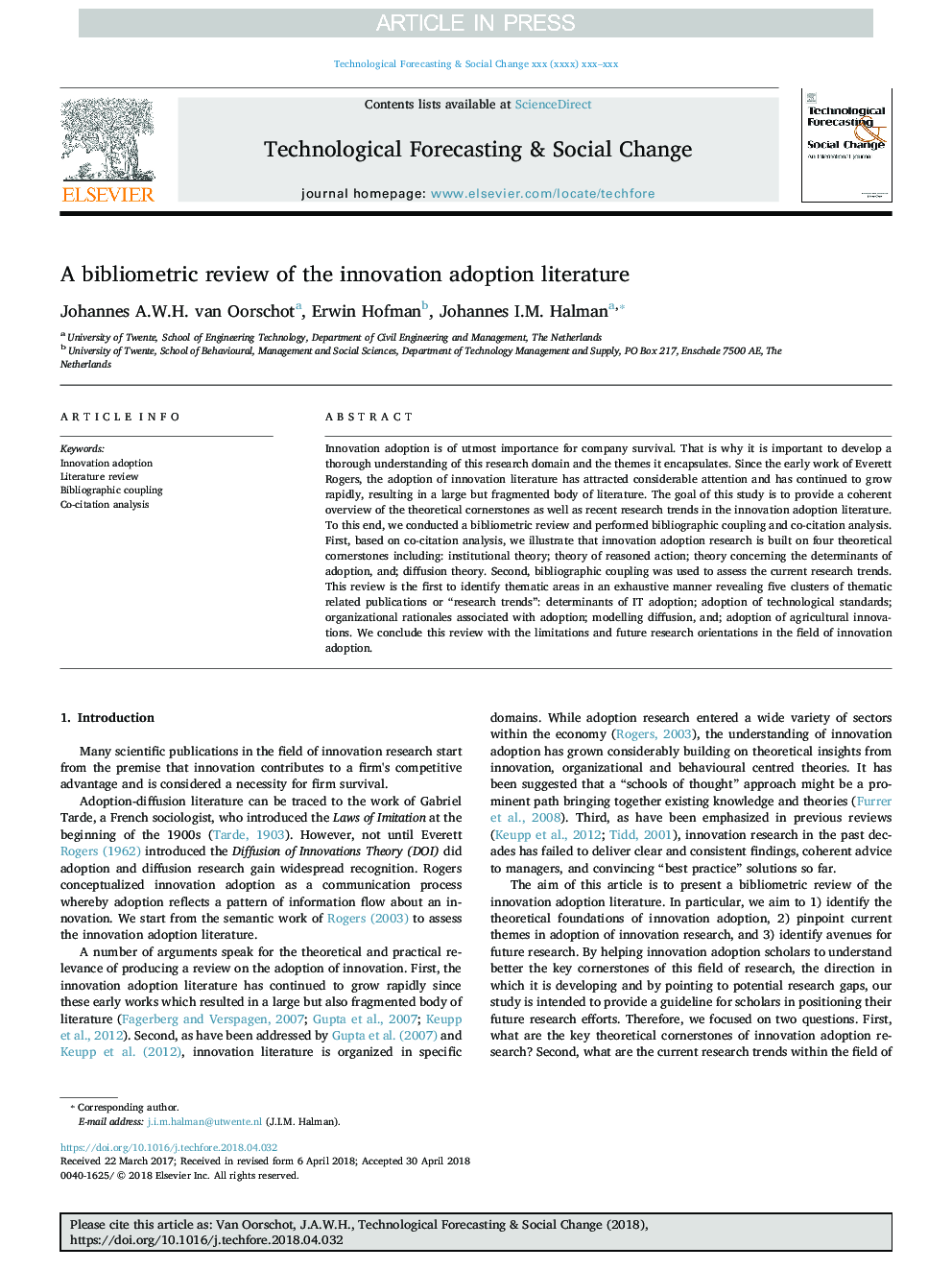 A bibliometric review of the innovation adoption literature