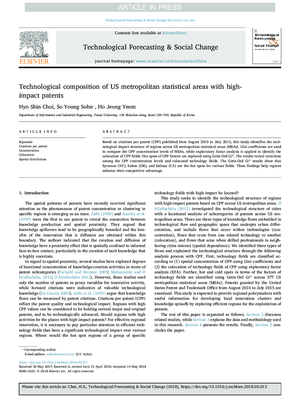 Technological composition of US metropolitan statistical areas with high-impact patents