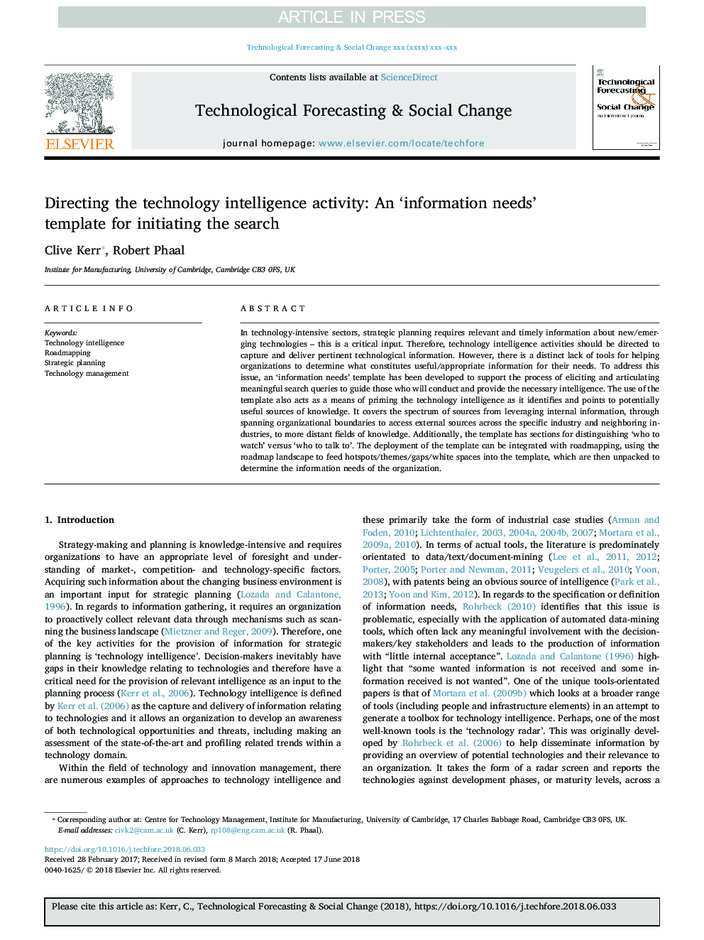 Directing the technology intelligence activity: An 'information needs' template for initiating the search