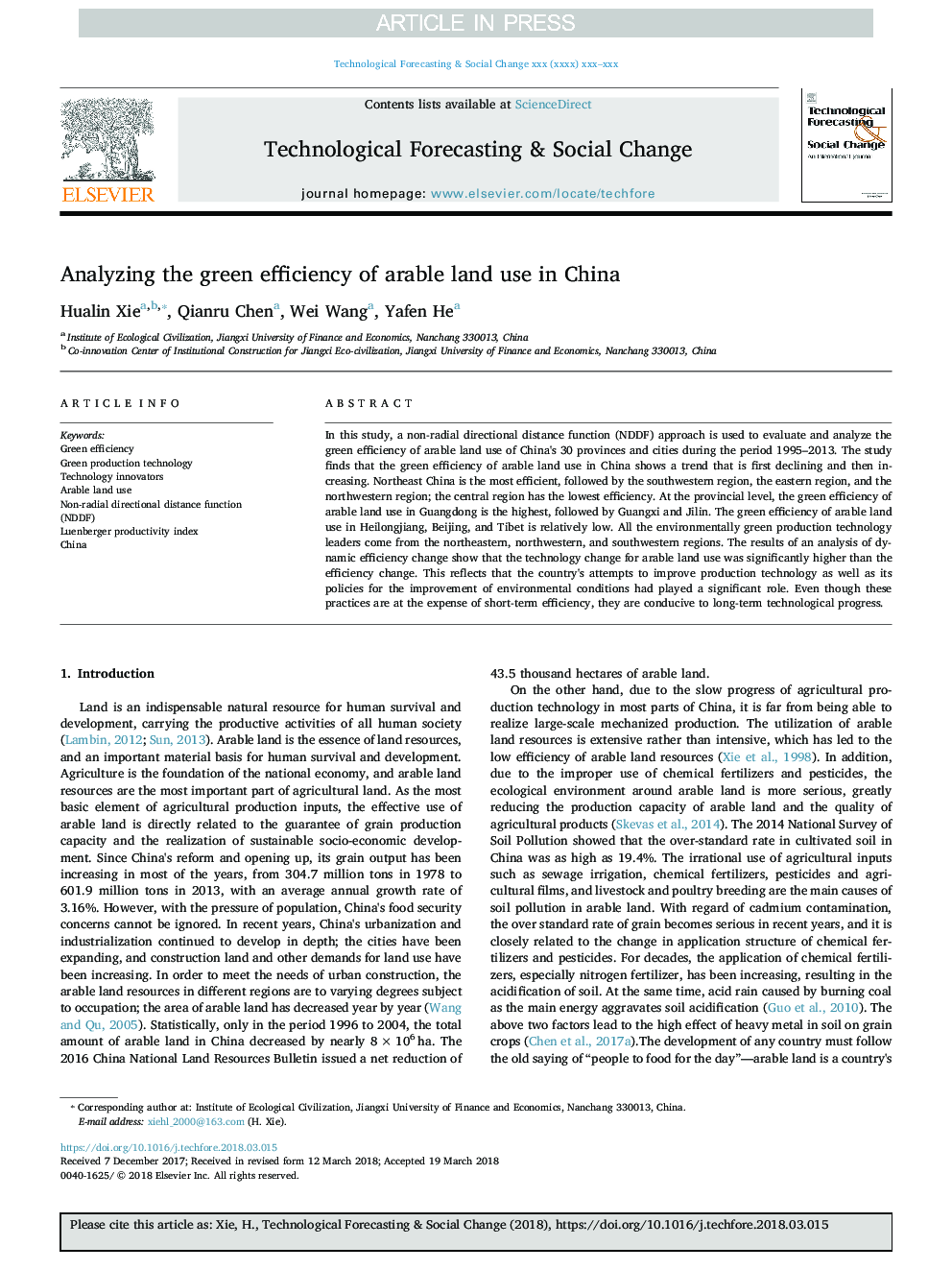 Analyzing the green efficiency of arable land use in China