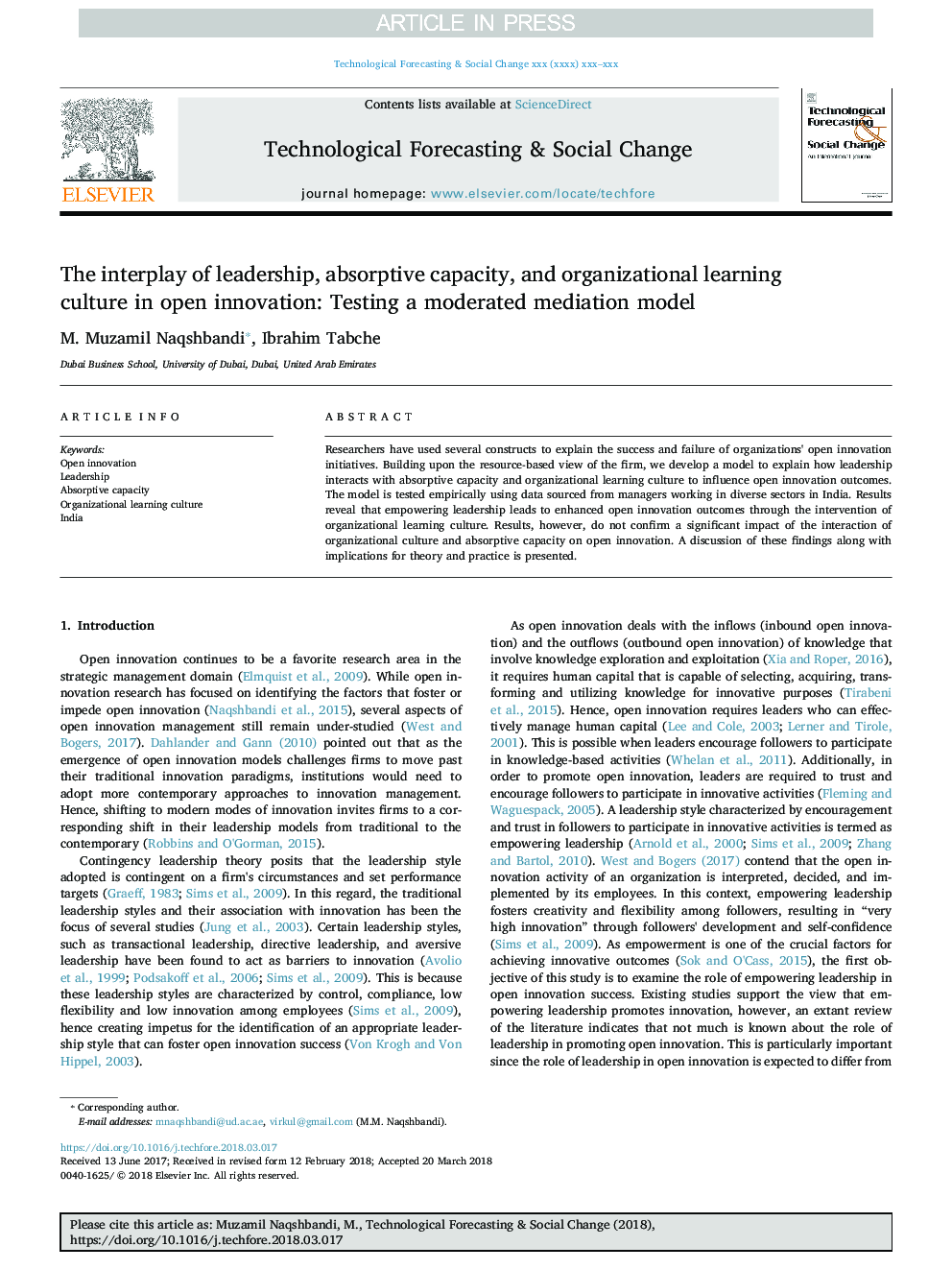 The interplay of leadership, absorptive capacity, and organizational learning culture in open innovation: Testing a moderated mediation model