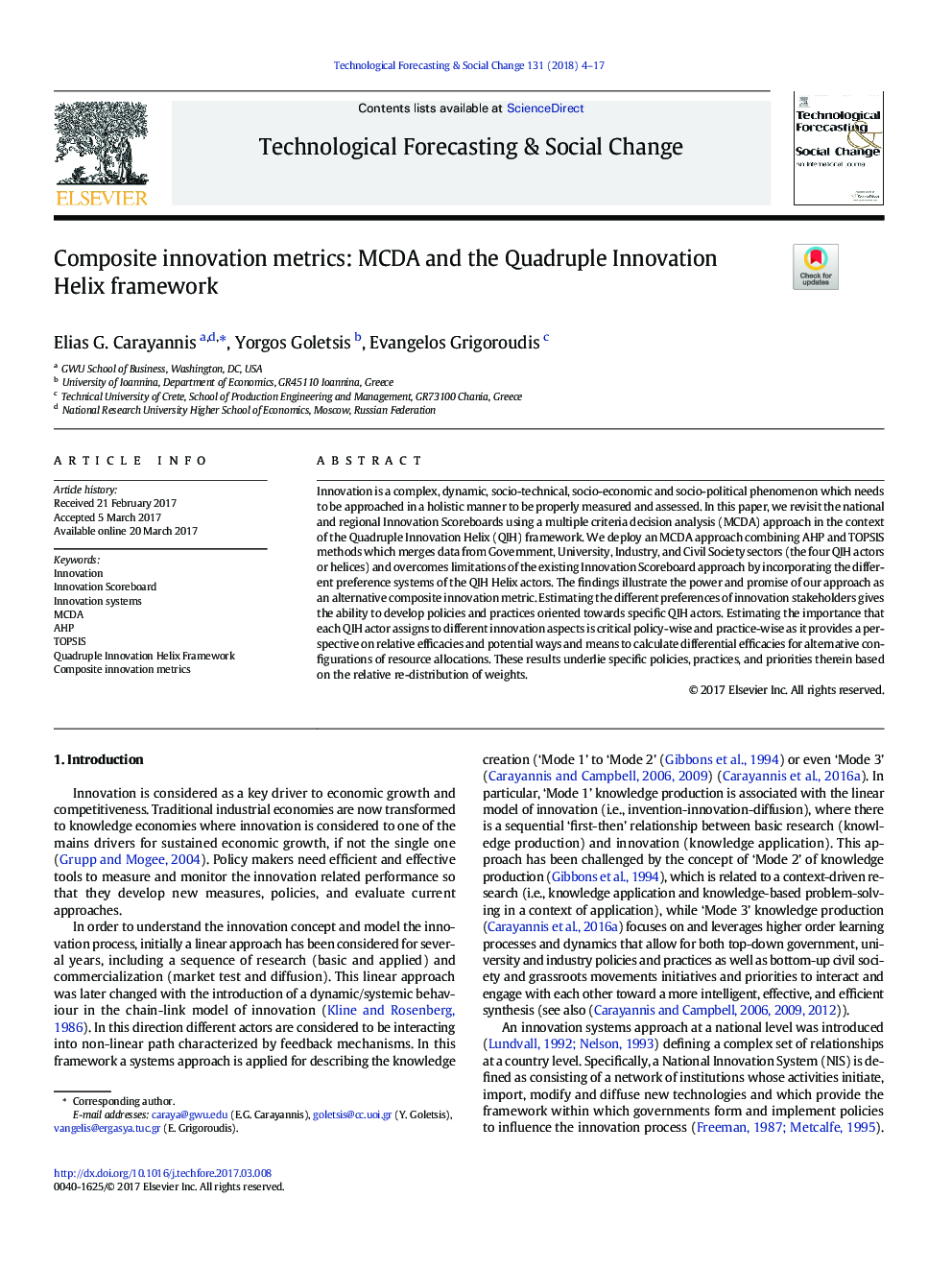Composite innovation metrics: MCDA and the Quadruple Innovation Helix framework
